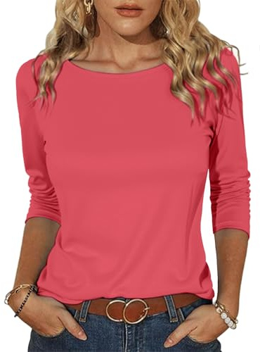 Totatuit Donna T-Shirt Cotone con Scollo a Barchetta Manica a 3/4 Maglietta vestibilità Larga Casual Maglia Basic Elasticizzato Rosso Malva XL