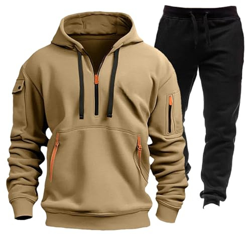 Generisch Hoody Herren mit Kapuze Jogginghose Set Zwei Sets Trainingsanzug Hoodies Sport Pullover Nofs Track Suit Beige XL
