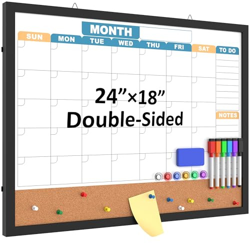 HLF-ho Monthly Calendar Dry Erase Board 24x18 Inch, Double-Sided Whiteboard and Corkboard Combo with Black MDF Frame (Color Calendar), Wall Mounted Planner with Marker, Magnet, Push Pin, Eraser