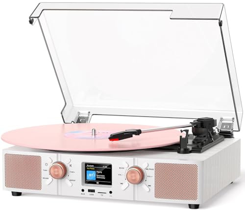 Vinyl Record Player with Built-in Speakers, Vintage 3-Speed Bluetooth Turntable with USB Playback, LCD Display, Clock, RCA/Headphone/AUX Jacks, Belt-Driven LP Player, White Rose Gold