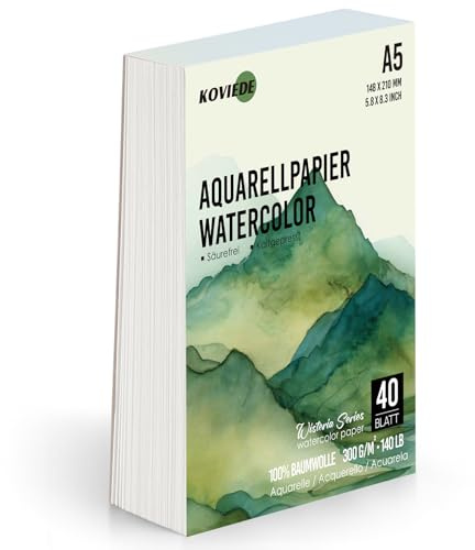 KOVIEDE 100% Baumwolle Aquarellpapier A5, 40 Blatt 300g/m² Aquarellblock, Aquarell Papier für Wasserfarben, Aquarell Skizzenbuch, Watercolor Paper für Studenten, Anfänger, Skizzenbuch Aquarell