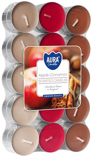 Duft Teelichter Apfel - Zimt, mehrfarbiges Wachs, Bispol Aroma Heizungen 30 Stk. fruchtig-würzige Noten, Apfel, Freesie, Zimt 4h, ø3,9 x 1,5 cm