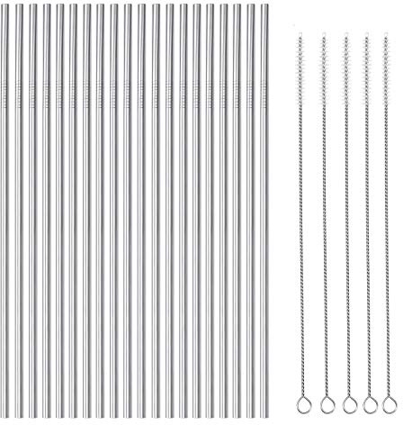 OKGD 25 Piece Set Stainless Steel Straws Ultra Long 10.5 Inch Drinking Metal Straws Reusable Drinking Straws for 20 30 OZ (20 Straight| 5 Brushes)