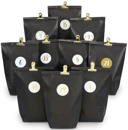 Papierdrachen Extravaganter Adventskalender zum Befüllen - mit 24 schwarzen Geschenktüten und 24 Zahlenaufklebern und Klammern - Motiv Elegance - zum Basteln und Verschenken - Weihnachten & Advent