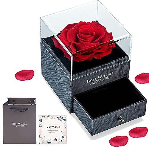 WEIWUXIAN Rose Geschenkbox - Ewige Echte Konservierte Rose Mit Geschenktüte Und Handgeschriebener Grußkarte für Sie Am Valentinstag, Muttertag, Weihnachtstag
