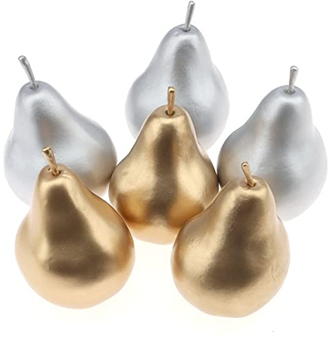 Meiwlong 6 PCS Fake Plastic Pear Silver Golden Decoration New Year Artificial Realistic Fruit Model Faux Lifelike Display Props Ornament Party Christmas Festival