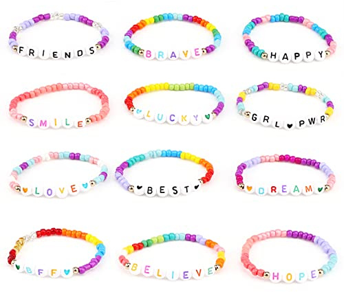 12 Pcs Kids Bracelets for Girls Letter Beads Bracelets Bead Woven Bracelets Braided Stretch Friendship Bracelets Toddler Baby Cute Princess Bracelet Jewelry Accessories for Birthday Party Favors