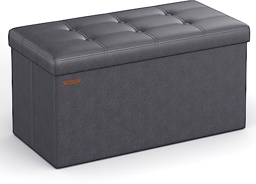 SONGMICS MAZIE Collection - Storage Ottoman Bench, 76 cm Folding Foot Rest Stool, End of Bed Bench, Easy Assembly, for Living Room, Bedroom, Entryway, Slate Grey LSF040G20