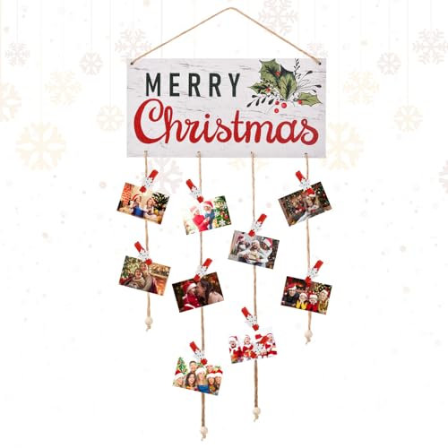Toekt Christmas Card Holder Wooden Merry Christmas Wall Hanging Picture Holders with 30 Snowflake Wooden Clips Picture Holder for Holiday Décor - Rustic Home Office Wall Decor (White)