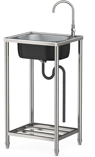 Freistehende Edelstahl Spültisch,Mobiles Außen Garten spüle Mit 360° Drehbarer Heiß Kalt Wasserhahn Ablassvorrichtung Für Restaurant Bar Wäscherei Garage Gartengeräte-Reinigung