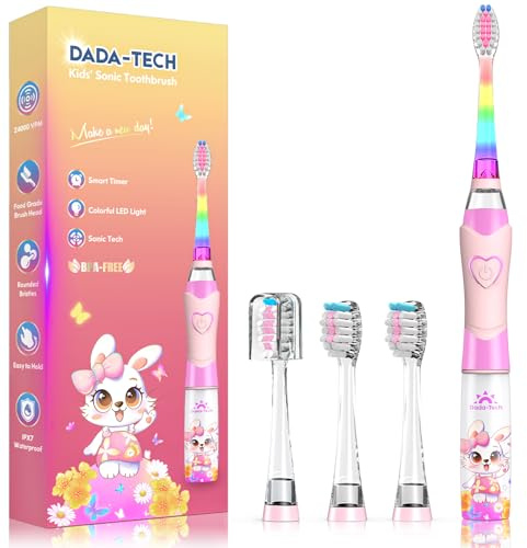 Kids Electric Toothbrush 3-5-6-12, Toddler Toothbrush Girls Electric Toothbrush with Timer Rainbow LED Light Up Sonic Battery Powered Junior Childrens Electric Tooth Brush (Rabbit Pink)