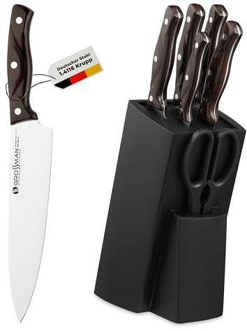 GROSSMAN® Calgary Bloque de Cuchillos | Juego de Cuchillos 6 piezas con Bloque | Cuchillas de Acero Inoxidable Alemán | Bloque de Madera de Caucho (Negro Profundo | Rojo Negro, 6 piezas)