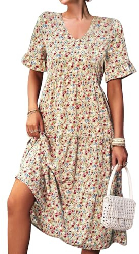 EYYECAN Abito Midi da Donna Estivo Casual con Scollo a V e Maniche a Volant e Punto Smock a Vita Alta