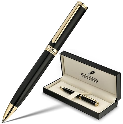 BEILUNER Penna a Gel Lusso con Finitura Oro 24K, Lacca Nera Piano, Artigianato di Classe, Miglior Set Regalo per Uomo/Donna, Professionale, Executive, Ufficio, Retrattile