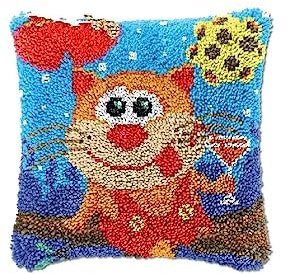 Latch Hook Kit for Adults & Kids, Complete DIY Cushion Making Craft Kits with Yarn & Canvas and Crochet Needle, Latch Hook Pillow Cover Adult Craft Kits for Women - A Cat Drinking Red Wine 43x43cm
