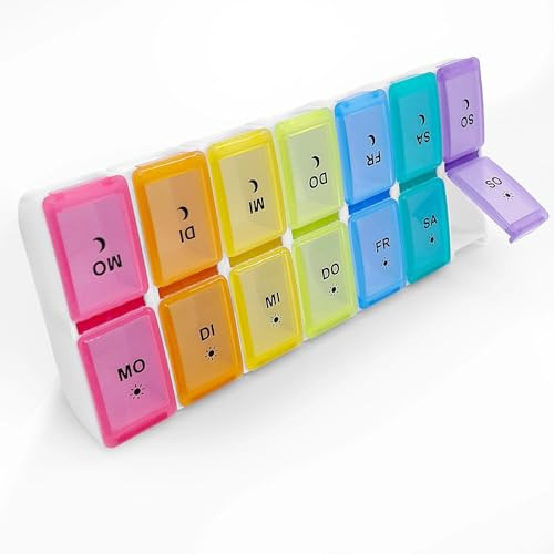 Skythrive Boîte à comprimés 7 jours 2 compartiments – Pilulier amovible, boîte à médicaments 7 jours, boîte hebdomadaire 14 compartiments