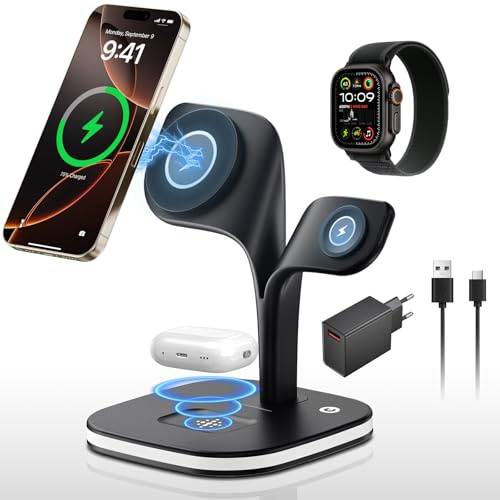 5-i-1 Trådlös Laddningsstation, Magnetisk Laddare Kompatibel med iPhone, Laddningsstation för Apple Watch och AirPods, Vikbar Induktiv Laddare för Hem och Kontor