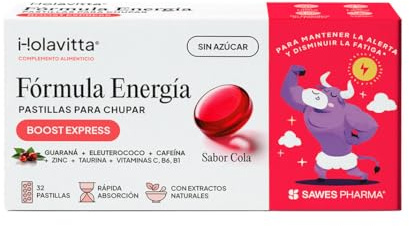 Holavitta Fórmula Energía Multivitaminas Sabor Cola Sin Azúcar con Guaraná, Cafeína y Vitaminas C,B1 y B6 - Energía y Vitalidad - 32 Pastillas