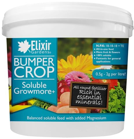 Elixir Gardens | Bumper Crop - Soluble Growmore | 18:18:18 Complete Feed Fertiliser | Supplied in a bag or re-sealable tub | Quantities available from 1kg to 20kg | (1kg Re-Sealable Tub)