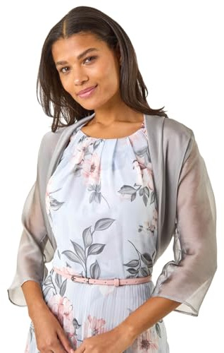 Roman Chiffon Bolero Shrug Jacket for Women UK - Ladies Ruched Hem Cover Up Smart Formal Mesh Wrap Shimmer Cropped Blazer Wedding Guests Cardigan Cardi Crease Free - Silver Grey - Size 16