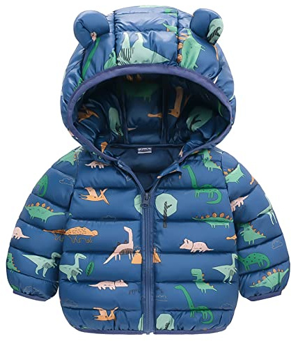 JinBei Cappotto Invernale per Bambini, Bambino Giacca Piumino con Cappuccio Dinosauro Blu Giubbotti, Ragazzo Leggero Carino Imbottito Cappotti Autunno Giacche Neve Ragazzi Capispalla 3-4 Anni