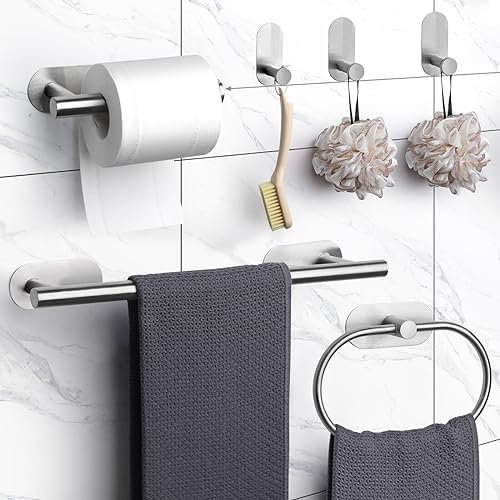 JiGiU Self Adhesive Towel Rail Bathroom Hardware Set Include 40cm Bath Towel holder,Toilet Paper Holder Towel Ring & 3 Packs Towel Hooks Stainless Steel Wall Mounted No Drill Sticky on Towel Rack Kit