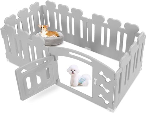 Welpenauslauf 60cm Hoch, Laufstall Hund 5+1 Platten, Plastik Welpenlaufstall, Faltbare Hundegitter, Wetterfest Hundezaun mit Tor, Inkl. Saugnäpfe & Erdanker, Hundekäfig für Zuhause und Outdoor, Grau