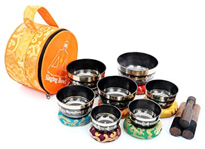 THE NEPAL Klangschalen-Sets von 7 Handgefertigte tibetische Chakra-Heilklangschale für Meditation, Klang, Frieden, Achtsamkeit, Yoga, sieben Chakra-Schalen