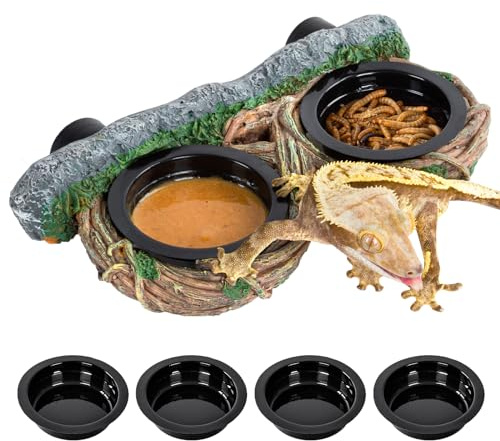 REPTI ZOO Magnetic Reptile Feeding Ledge, Gecko Feeder Ledge with 4PCS Cups, Hollow Vine Food Dish, Reptile Water Bowl for Bearded Dragon Lizard Snake Turtle, Terrarium Tank Accessories