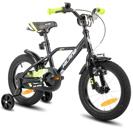 HILAND Hawk Bicicleta Infantil 16 Pulgadas, 4-6 Años, para Niños y Niñas, con Ruedas de Apoyo, Freno de Mano y Freno Contrapedal, Negro y Verde