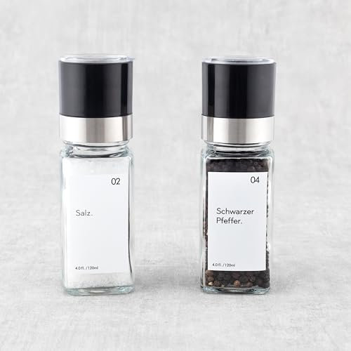 Hanseküche - Set di macina sale e pepe con 8 etichette impermeabili - Macina in ceramica regolabile - Macinaspezie Duo per sale grosso e pepe - Set di macinini compatto