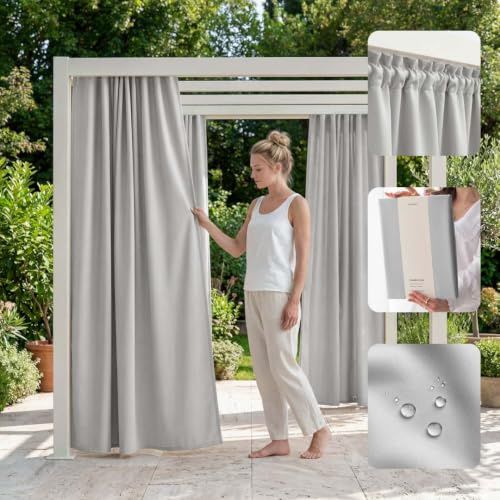 ROOM99 Utomhusgardiner med veckband Garden Line 155 x 200 cm bredd x höjd utomhusgardin väderbeständig vattentät insynsskydd solskydd gardiner trädgård vindtätt ljusgrå