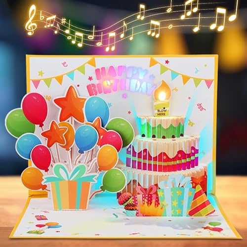 MZD8391 Birthday Cards Pop Up Cake with Blowable Candle Light, Music Happy Birthday Card Gifts for Men Women Kids Mom Grandma