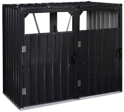 TERRE JARDIN - Cache Poubelle, Métallique, 147 x 80 x 120 cm - Cache Poubelle Exterieur Double, 2 Portes de Toit, 2 Portes Avant à Poignée - Abri Poubelle Exterieur, Anti Intempéries