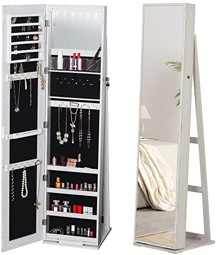 HOMCOM Specchio Portagioie a Illuminazione LED con 4 Scaffali e Spazi Portaoggetti, Armadietto Portagioie per Gioielli in MDF e Vetro, Porta Richiudibile a Chiavi, 38x38x157 cm, Bianco