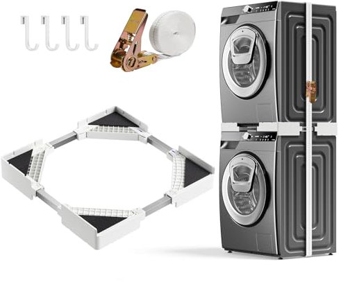 BugyKido Cadre de connexion universel pour machine à laver et sèche-linge de 46 à 66 cm, cadre intermédiaire pour machine à laver avec corde à cliquet et 4 crochets latéraux, peu encombrant, pour la