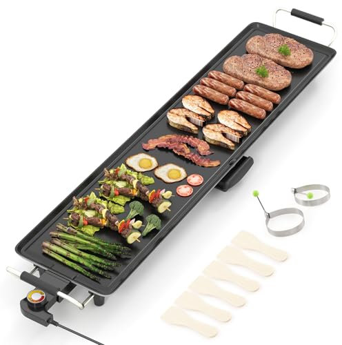 TANGZON Electric Teppanyaki Grill, 1800W Non-Stick Barbecue Grill with Adjustable Temperature, 6 Spatulas & 2 Egg Rings, Table Top BBQ Hot Plate Griddle (105x24cm, Die-casting Aluminum)