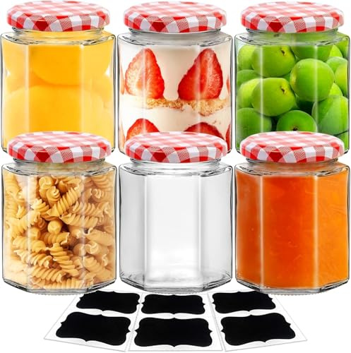 Showvigor 6pack Glass Jam Jars with Red Gingham Lid - 280ml/9oz - Hexagonal Storage Glass Jars, Clear Airtight Jar for Pickling, Chutney, Jam, Coffee