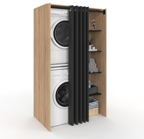 IDMarket - Mobile lavatrice doppio WALLIS con tenda scorrevole nera in faggio e legno look nero