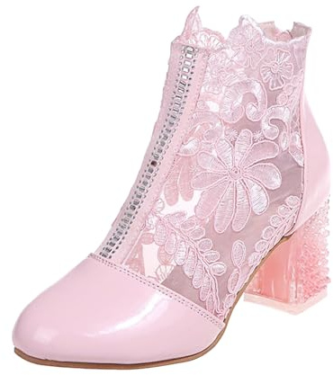Generisch 2025 Chaussures Femme Élégantes Dentelle Fleurs Talon Bloc Antidérapant Mesh Strass Soirée Fête Chaussures de Mariée Chaussures Femme Taille 38, Rose, 39 EU
