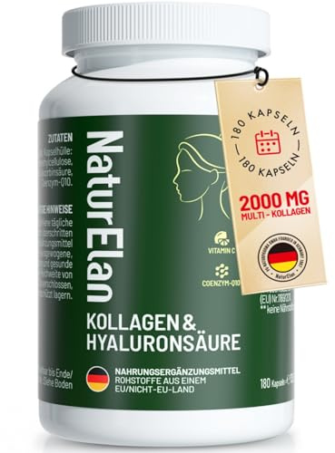 Kollagen Hyaluronsäure Komplex - 180 Premium Kapseln, 2000mg Kollagenhydrolysat Peptide(Typ I & III) mit Hyaluronsäure 400mg, CoQ10 & Vitamin C, Ohne Zusätze