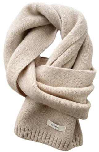 Genérico Bufanda de Punto para Mujer Hombre, Bufanda Lana de Invierno Suave Cálida - 100% Lana - Sólida Largo Fulares Wool Scarf, 160 x 20 cm (Beige)