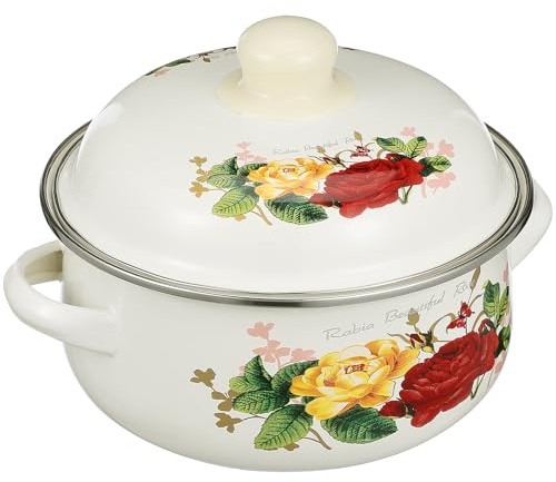 TOKIDNY Olla Esmaltada Tapa Cazuela Binaural para Cocina Olla para Sopa y Estofados Compatible con Cocinas de Gas y Eléctricas Diseño de Flores de Amor
