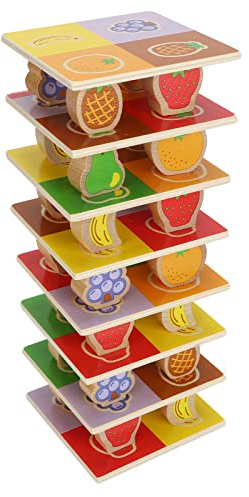 aqxreight Juego de Torre Apilable Bloque de Madera Juego de Mesa para Niños con Imagen de Frutas para Niños y Pequeños Cultiva la Función Ocular Pensante del bebé Ayuda a Estimular los Gráficos de los