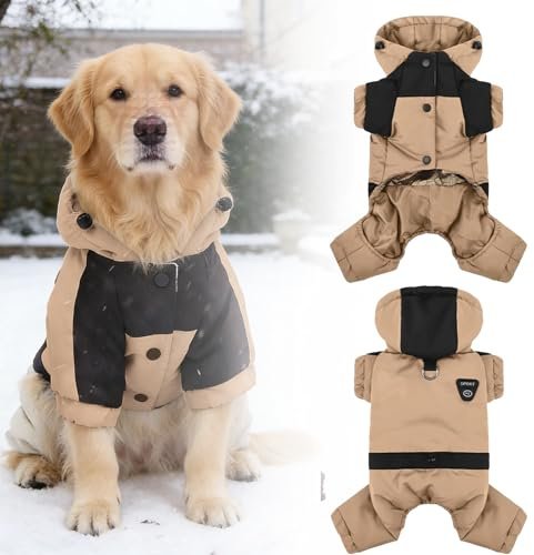Cappotto invernale per cani con cappuccio, con 4 gambe, impermeabile, anti-neve, regolabile, termica, calda, adatta per il freddo (kaki, 3XL)