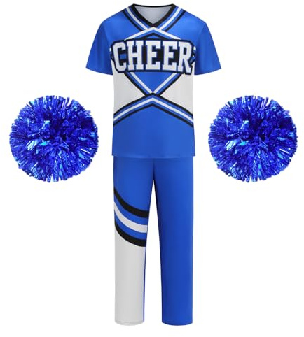 AGCOAH Adult Cheerleading Costume Cheerlead Uniforms for Men Cheer Outfit for Halloween Party School, Blue, Large