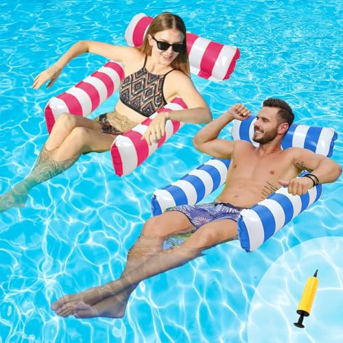 Amaca Galleggiante, 2 Pezzi Materassino per Piscina 4 in 1, Amaca Mare con Pompa ad Aria, Amaca Gonfiabile Piscina Poltrona Galleggiante Piscina (Blu+Rosso)