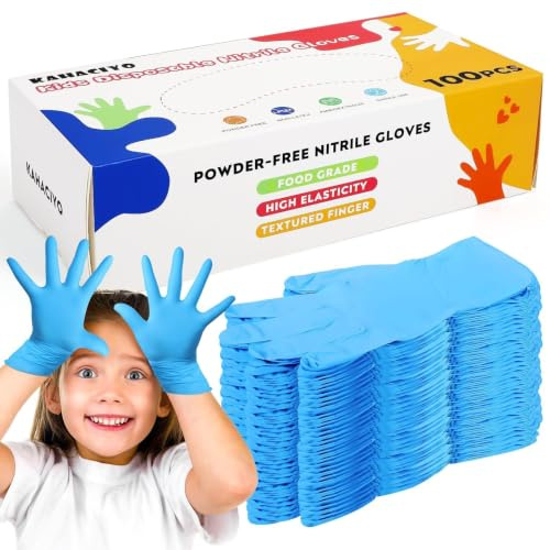 Guantes de nitrilo desechables para niños de 4 a 10 años, sin látex ni polvo, aptos para cocinar, jardinería, manualidades, pintura, limpieza (100 unidades)