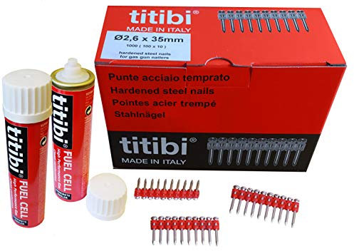 1000 X TITIBI clous de haute qualité + 2 X bouteille de gaz pour Cloueur Spit PULSA 700 E / 700 P (Ø 2,6 x 20mm)