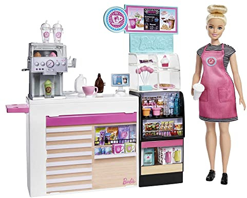 Barbie Coffee Shop with Blonde Curvy Doll and 20+ Realistic Play Pieces: Coffee Shop, Coffee-Smoothie Maker, Milk, Syrup, Coffee & Smoothie Cups & More; For Ages 3 Years Old & Up, GMW03
